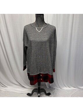 Egs California Tunic Womens Size Large Gray Buffalo Plaid Hem Long Sleeve Top